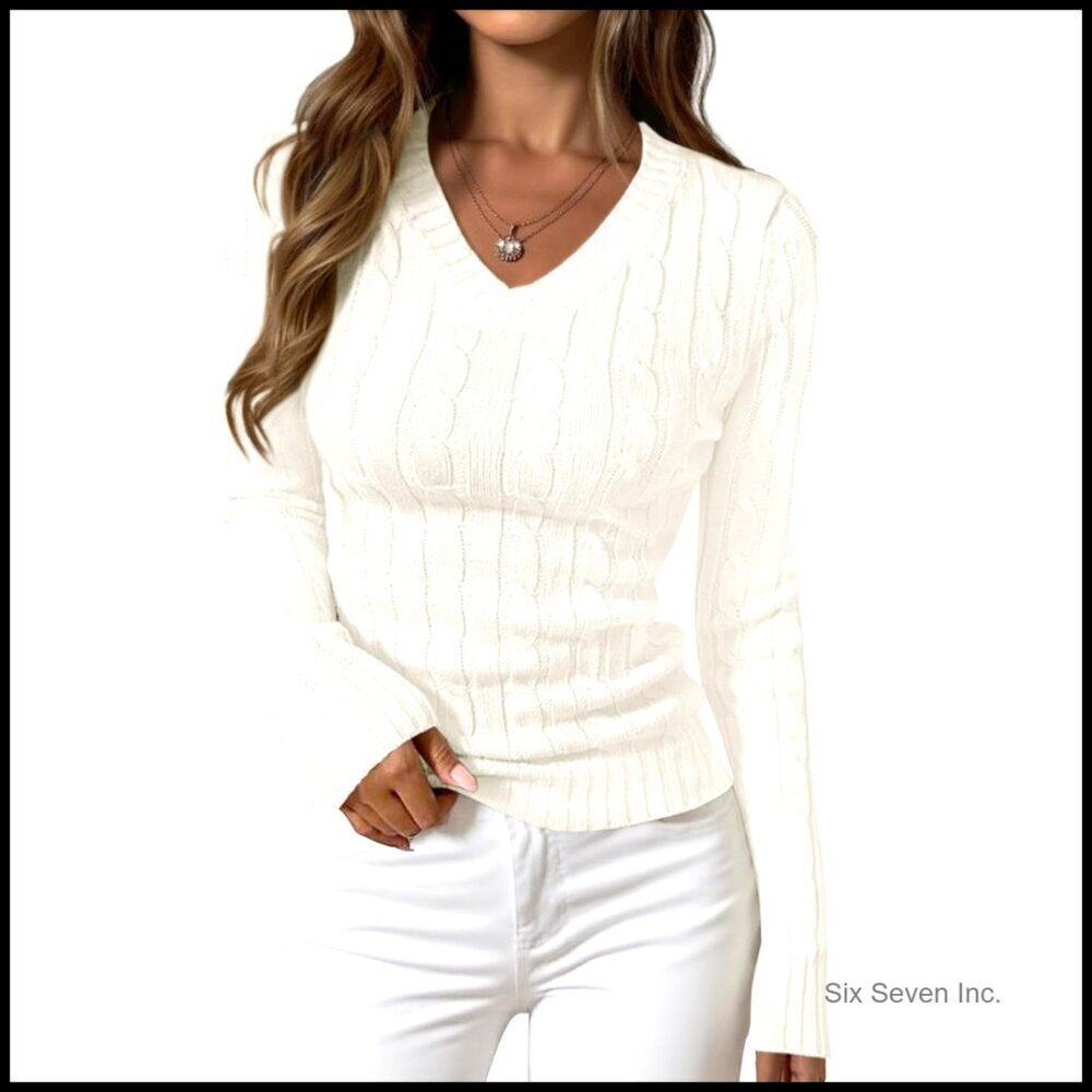 V-Neck Cable Knit Pullover Sweater Fitted Ribbed Long Sleeve Chic Business